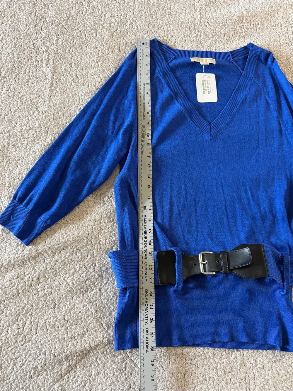 Michael Kors Cobalt Blue V-Neck Sweater with Black Belt Medium New